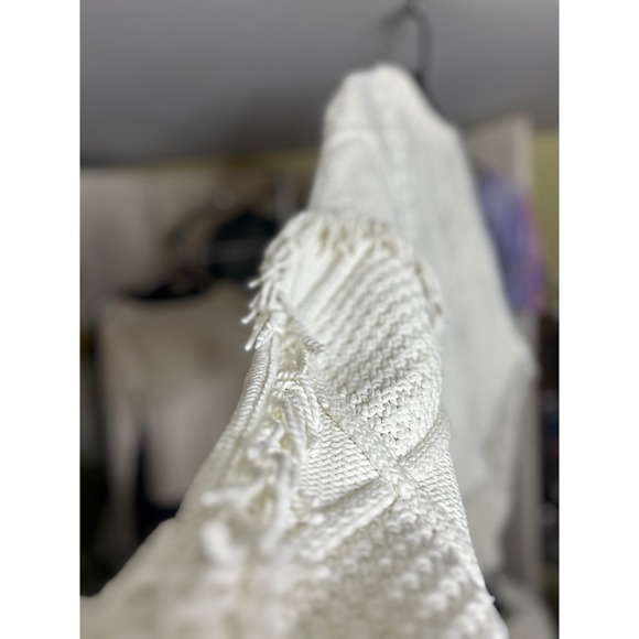 Macrame Line & Dot Cable Knit Fringe Sweater Heavy Cozy Boho Statement - Picture 4 of 6